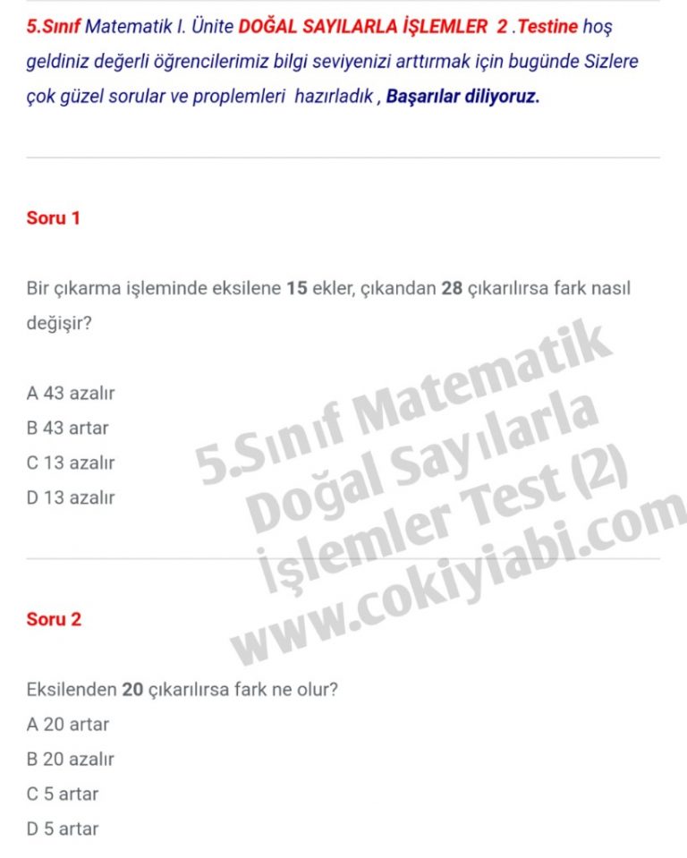 5.Sınıf Matematik Doğal Sayılarla İşlemler Proplemleri (2)